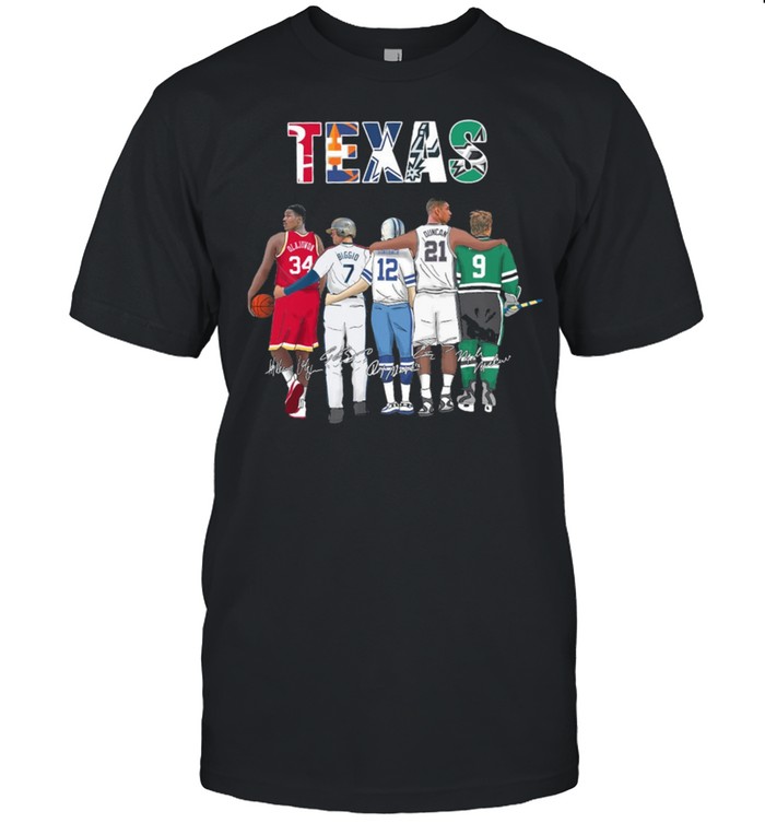 Texas Sport Teams With 34 Olajuwon 7 Biggio 12 Staubach 21 Duncan And 9 Modano Signatures Shirt