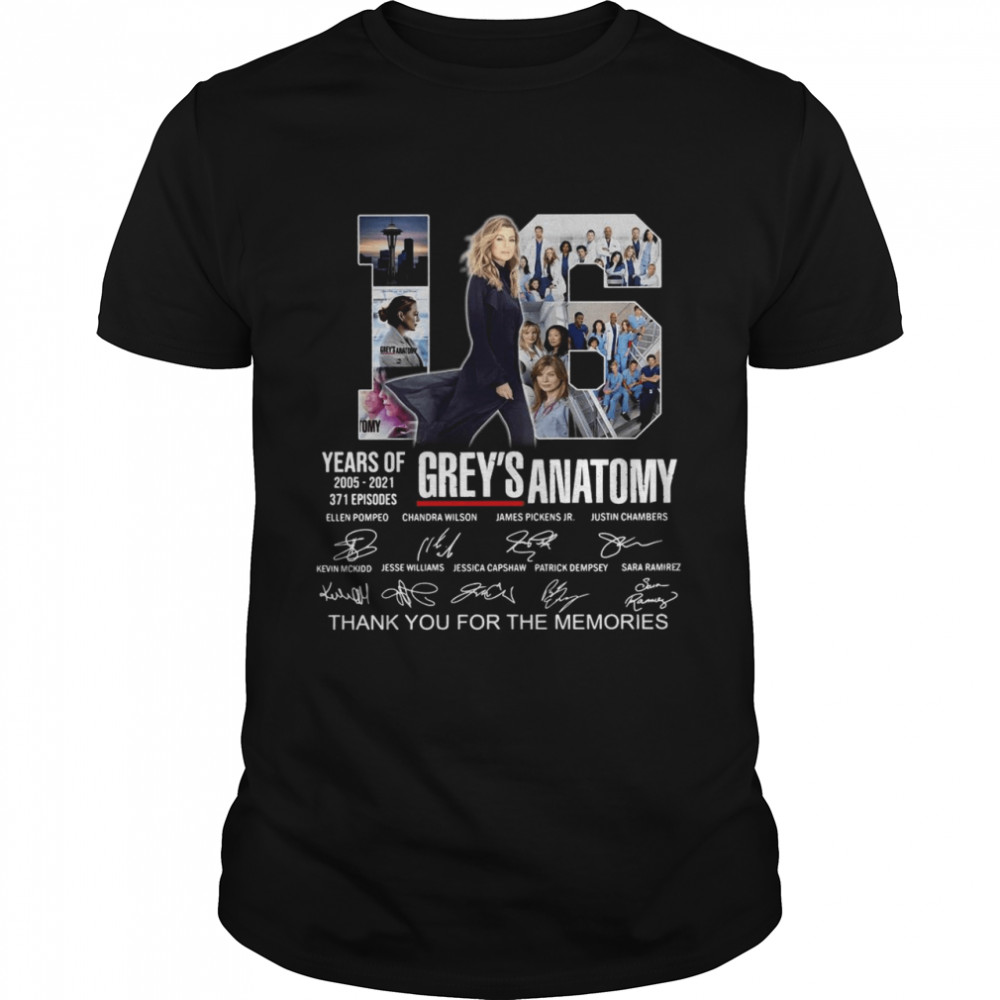Greys Anatomy 16 Years Of 2005 2021 371 Episodes Thank You For The Memories Signatures shirt