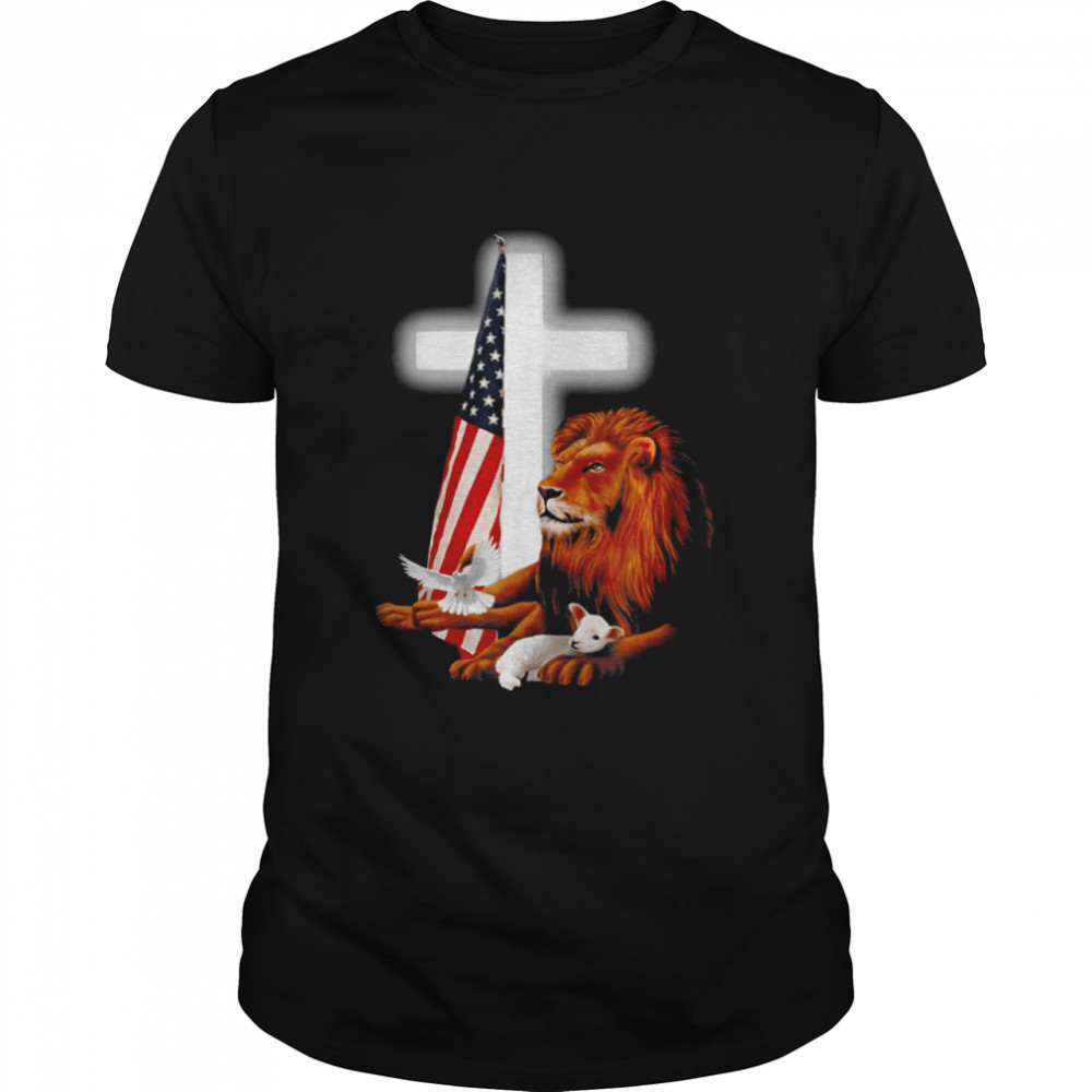 Jesus USA Flag Lion And Lamb Cross T-shirt