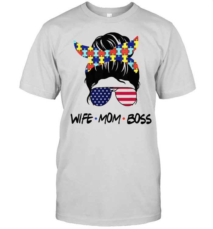 Autism Awareness Wife Mom Boss Messy Bun Usa Flag  Classic Men's T-shirt
