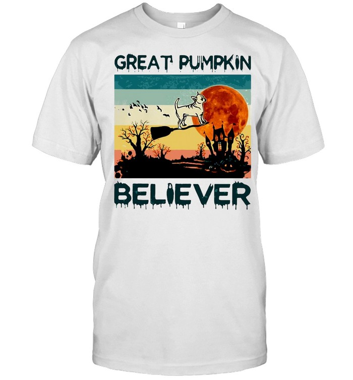 Great Pumpkin Believer Dog Sunset Broom Halloween Vintage Retro Shirt