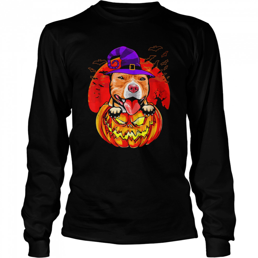 Pitbull Witch Pumpkin Halloween T- Long Sleeved T-shirt