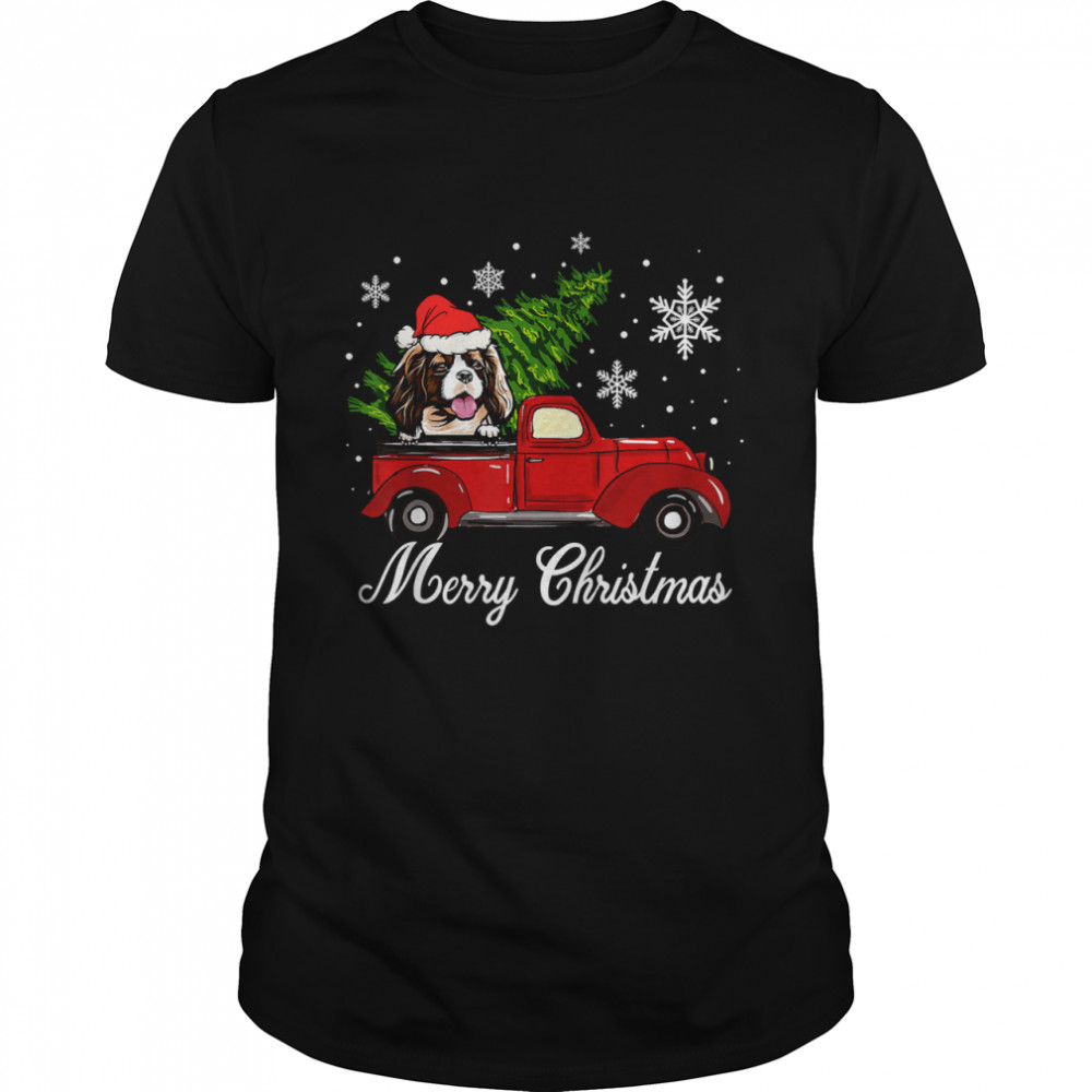 Cavalier King Charles Spaniel Dog Riding Red Truck Christmas T- Classic Men's T-shirt