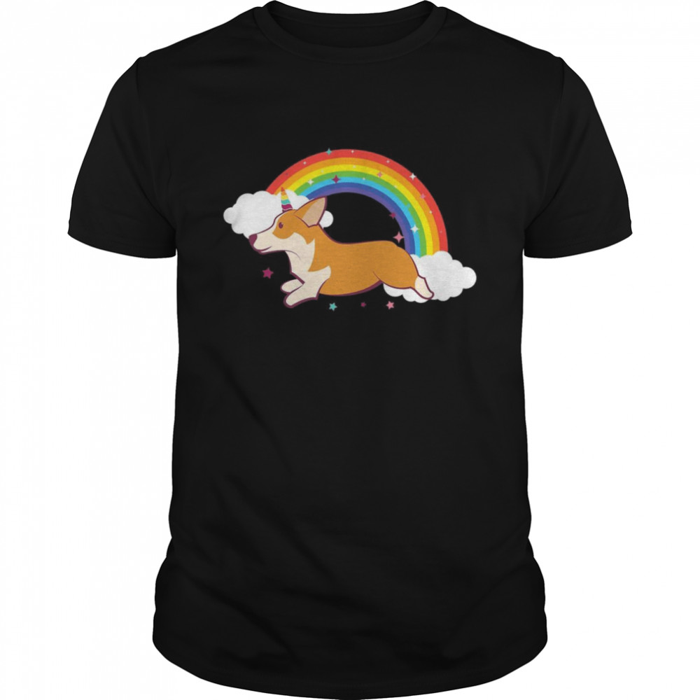 Tshirt Unicorn Corgi Jumps Beside Colorful Rainbow  Classic Men's T-shirt