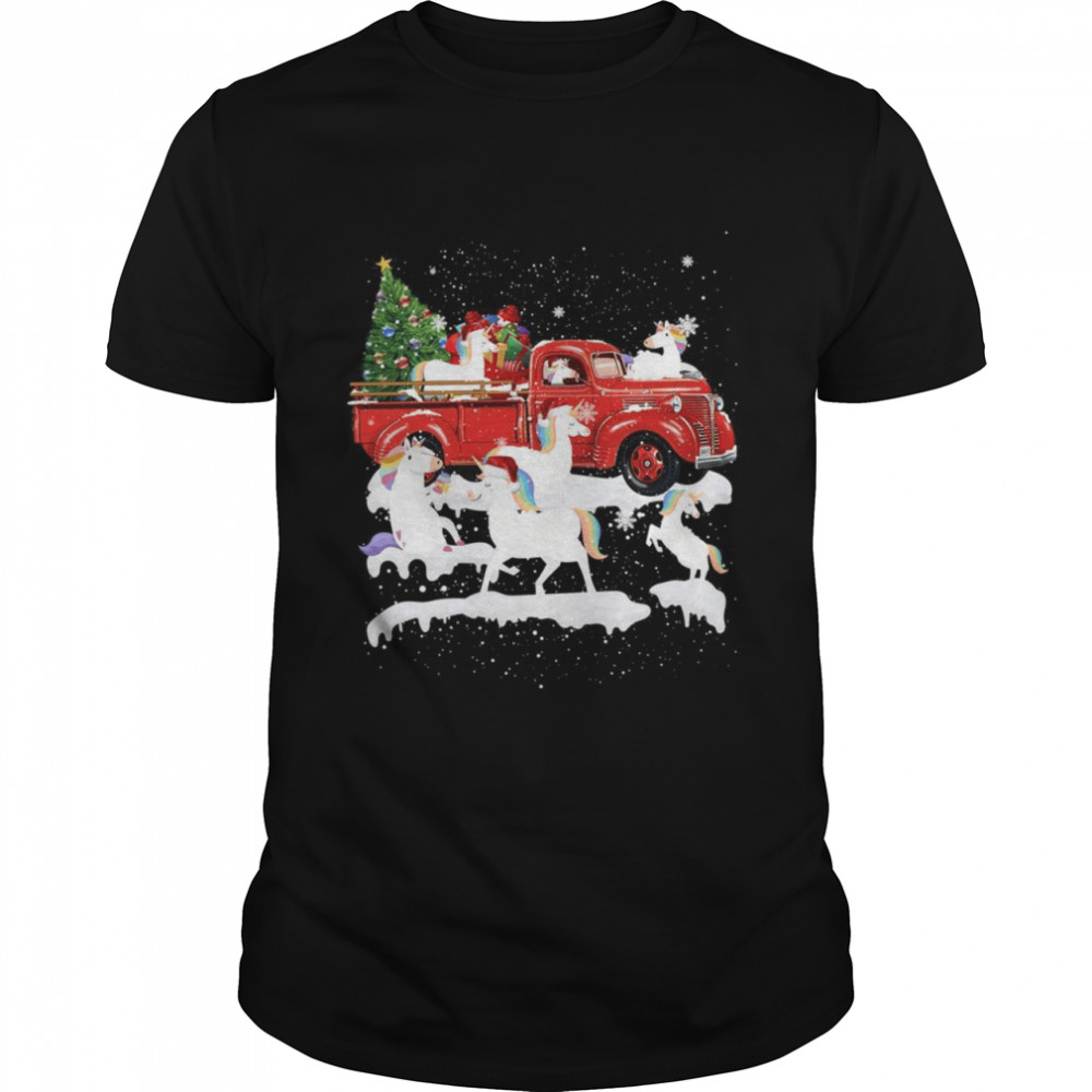 Unicorn Riding Red Truck Xmas Merry Christmas  Classic Men's T-shirt