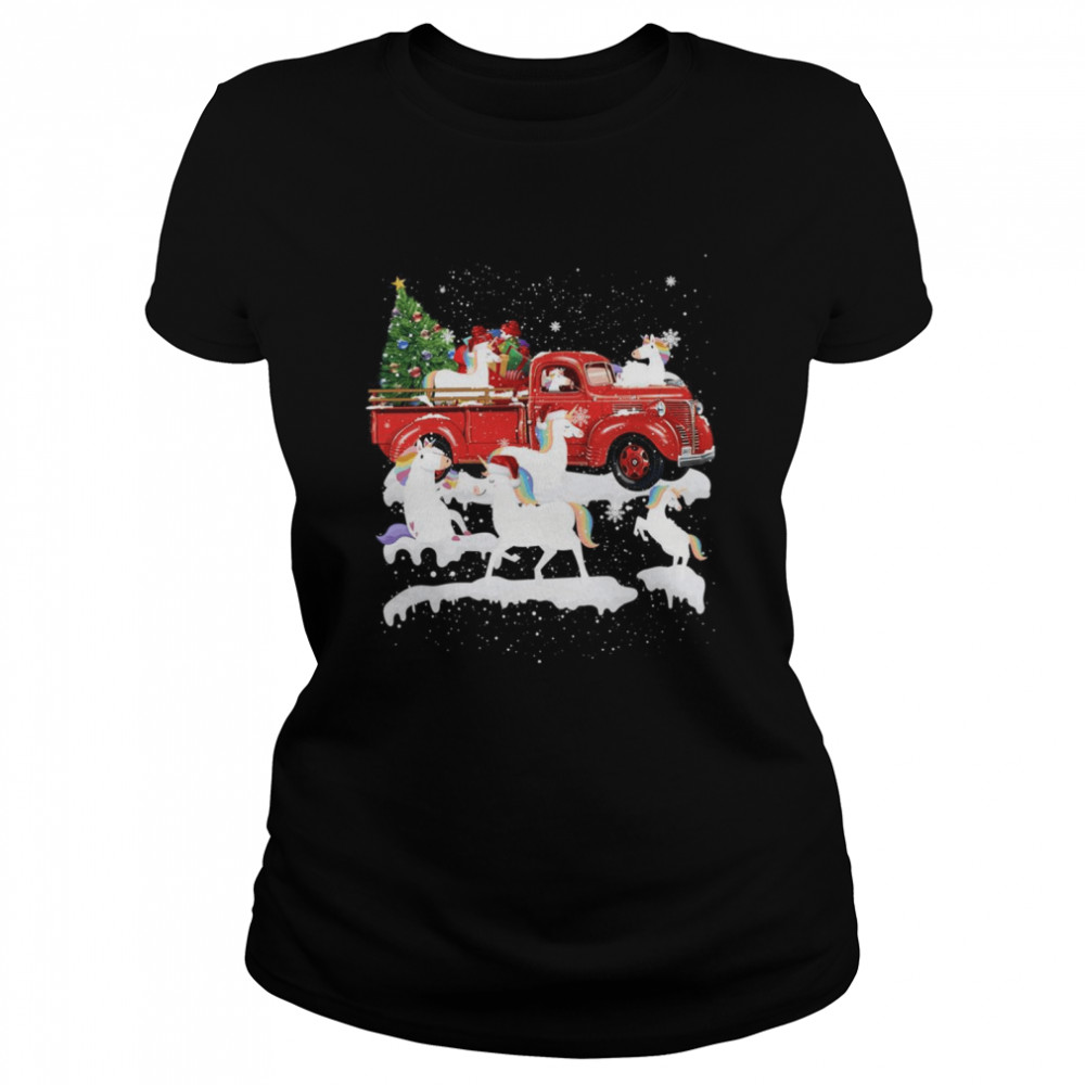 Unicorn Riding Red Truck Xmas Merry Christmas  Classic Women's T-shirt