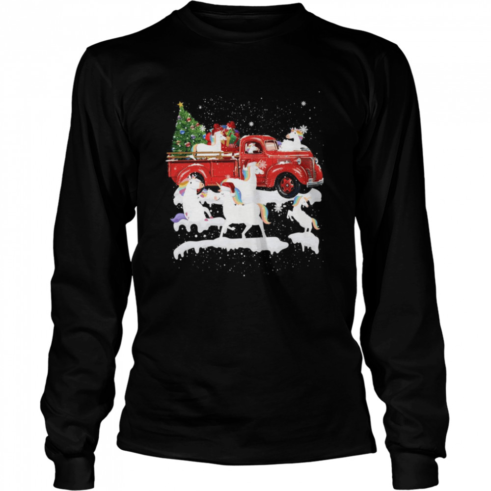 Unicorn Riding Red Truck Xmas Merry Christmas  Long Sleeved T-shirt