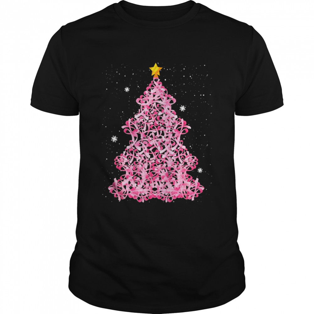 ED4d Pink Ribbon Christmas Tree Merry Xmas Breast Cancer Shirt
