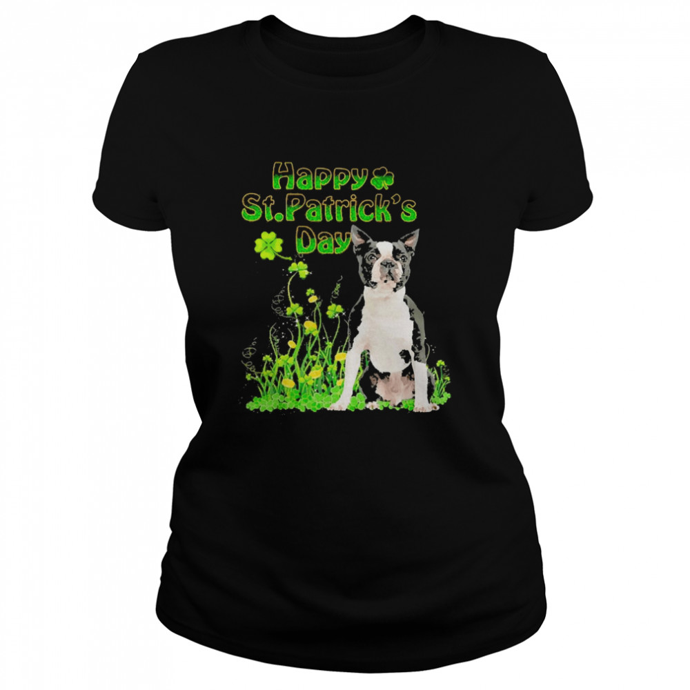 Happy St. Patrick’s Day Patrick Gold Grass Black Boston Terrier Dog  Classic Women's T-shirt