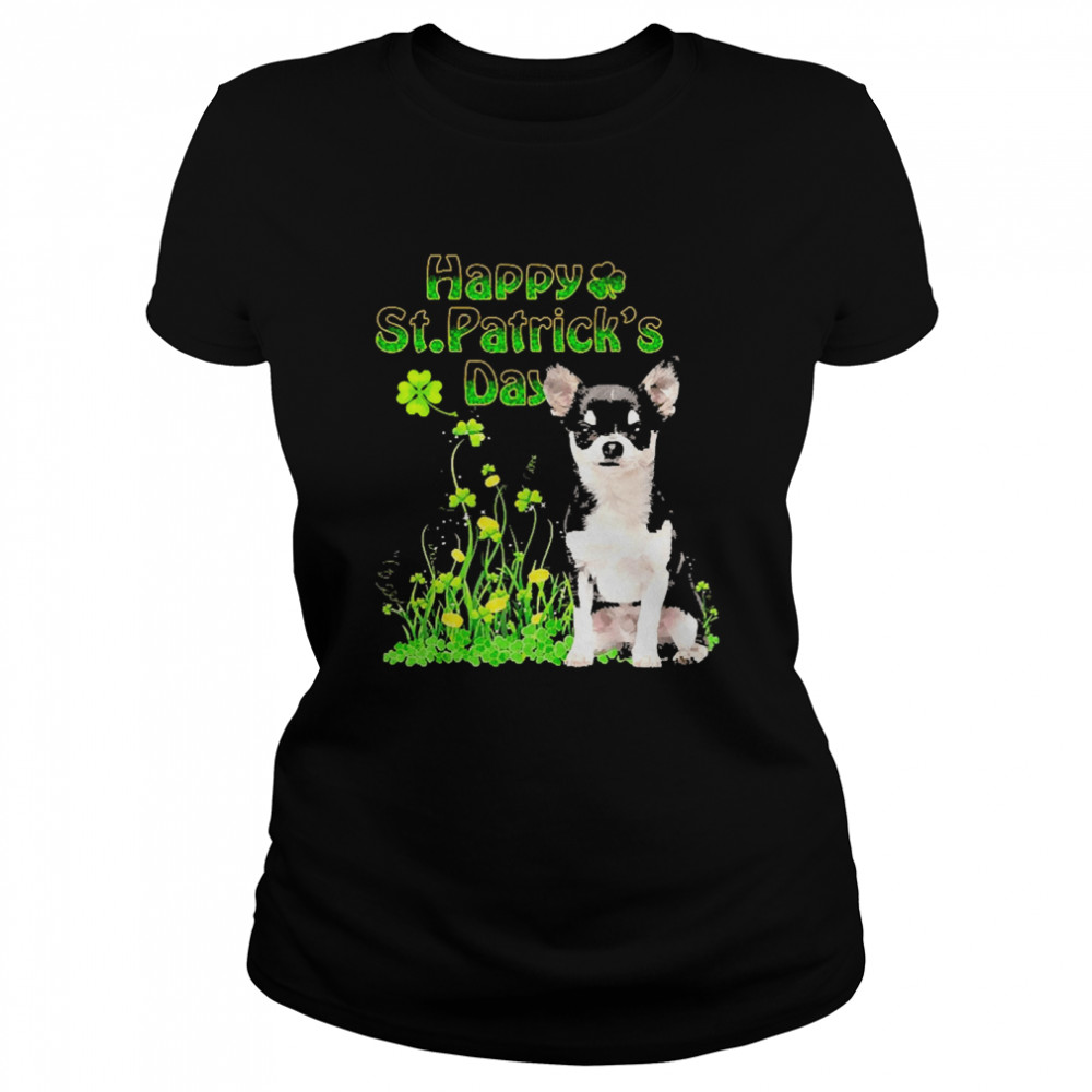 Happy St. Patrick’s Day Patrick Gold Grass Black Chihuahua Dog  Classic Women's T-shirt