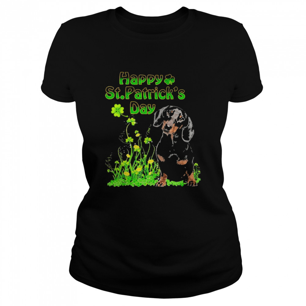 Happy St. Patrick’s Day Patrick Gold Grass Black Dachshund Dog  Classic Women's T-shirt