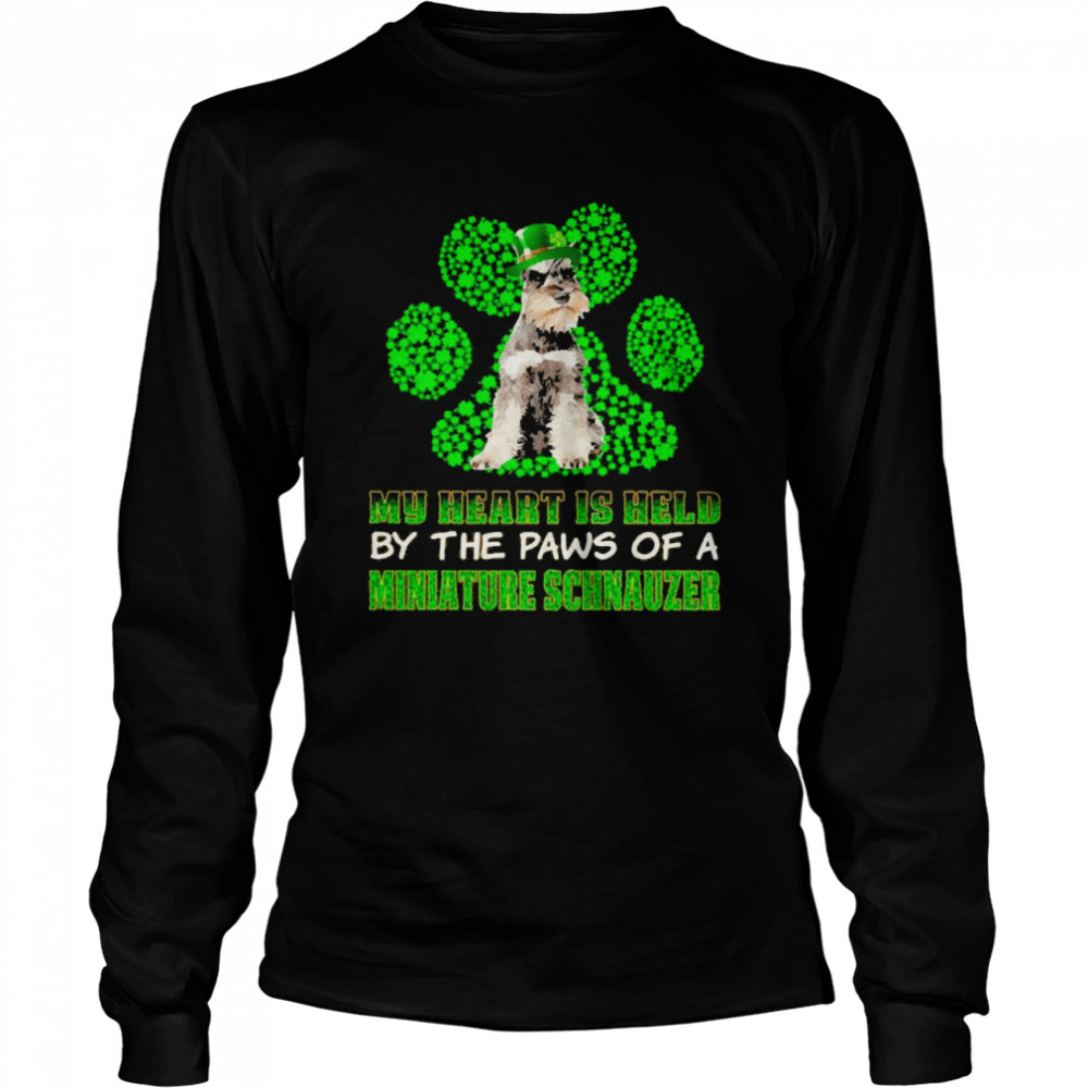 St Patrick’s Day My Heart Is Held By The Paws Of A Grey Miniature Schnauzer  Long Sleeved T-shirt
