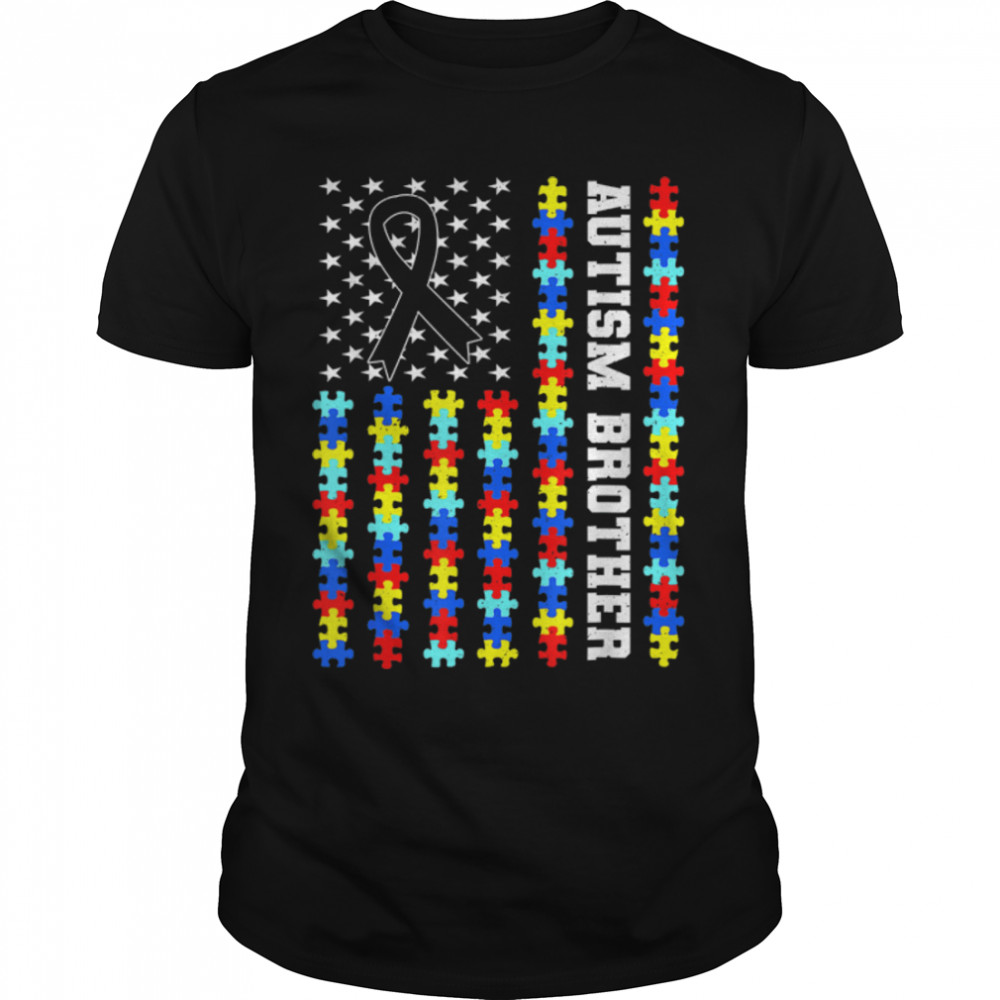 Autism Brother Puzzle Usa Flag Autism Awareness Family T-Shirt B09Vywj43K