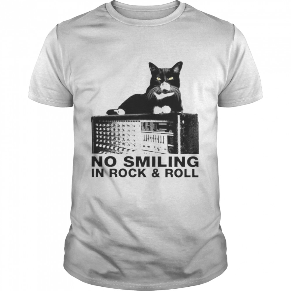 Cat no smiling in rock and roll shirt