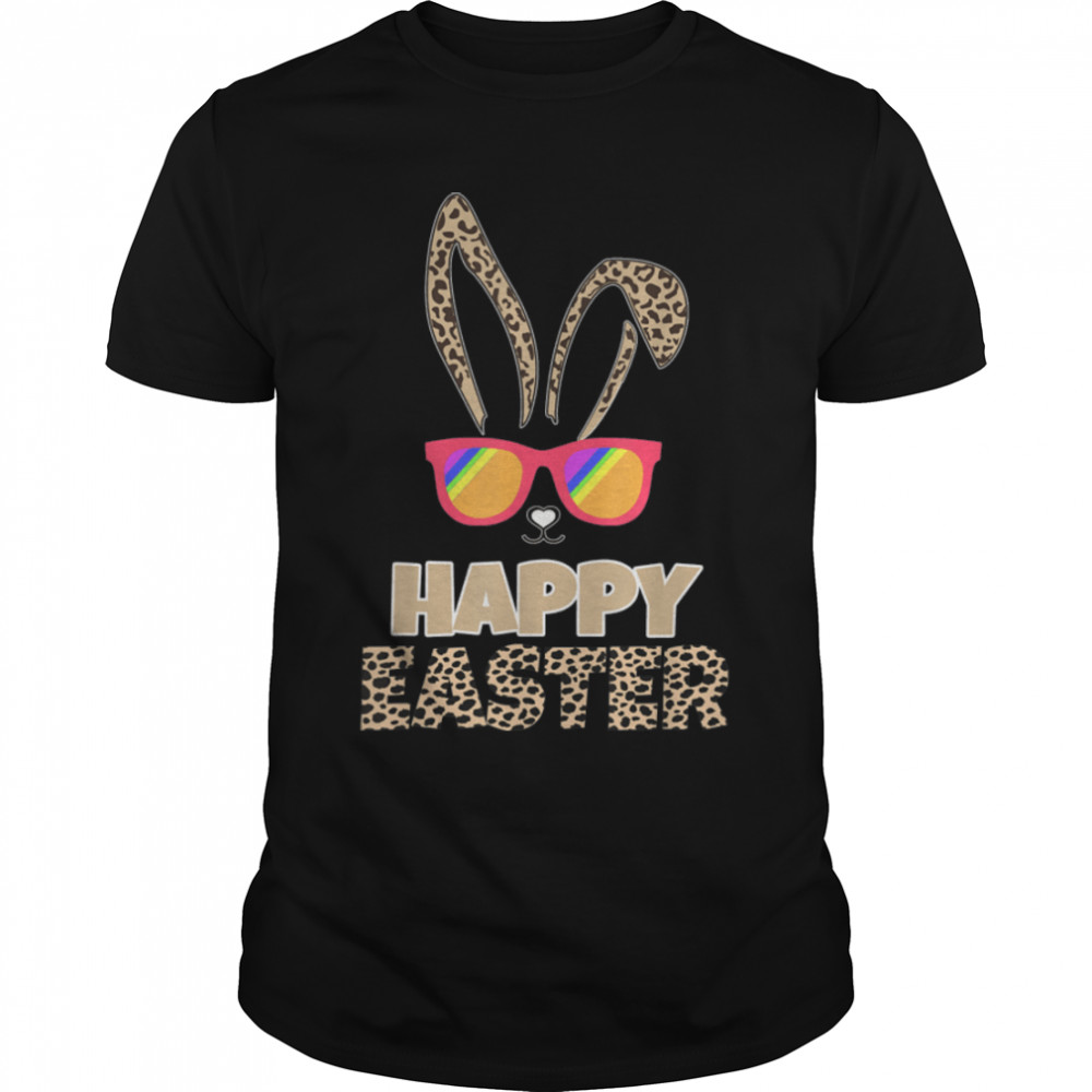 cute bunny face leopard glasses happy easter day T-Shirt B09W66Q1Y4