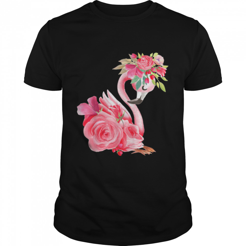 Cute Pink Dreaming Girl Baby Flamingo With Flowers T-Shirt B09W94V2My