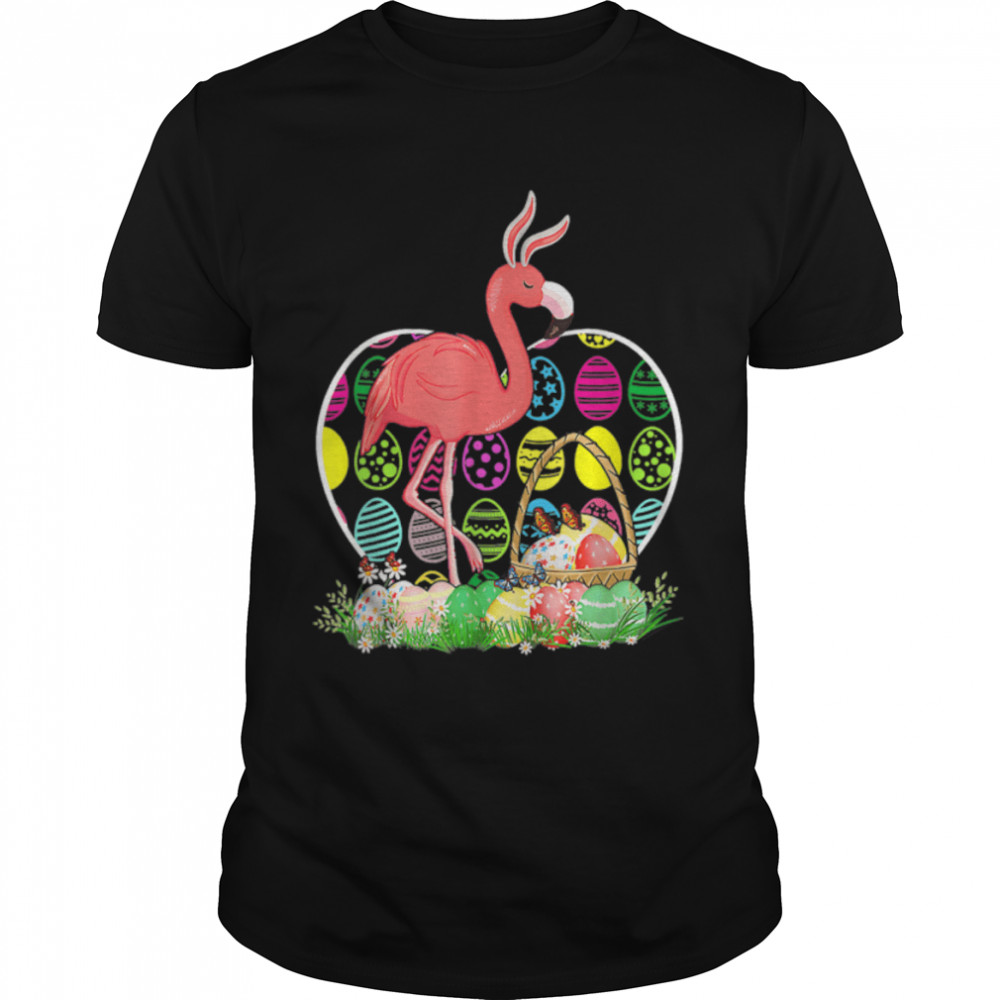 Easter Bunny Flamingo Bringing Eggs Basket Happy Easter T-Shirt B09W8Ptq3G