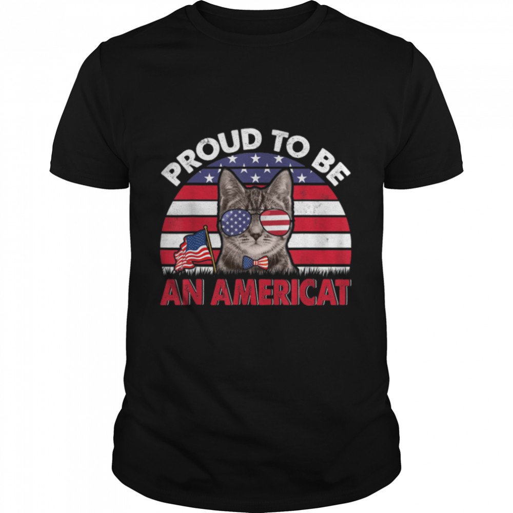 Funny Cat Proud American Flag Cute Cat Wearing Sunglasses T-Shirt B09W5RBZS5