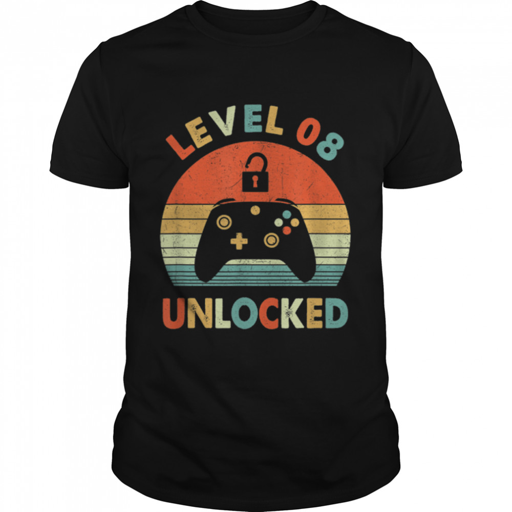 Level 8 Unlocked Vintage Video Gamer 8Th Birthday Gift T-Shirt B09Vx1Jc3S