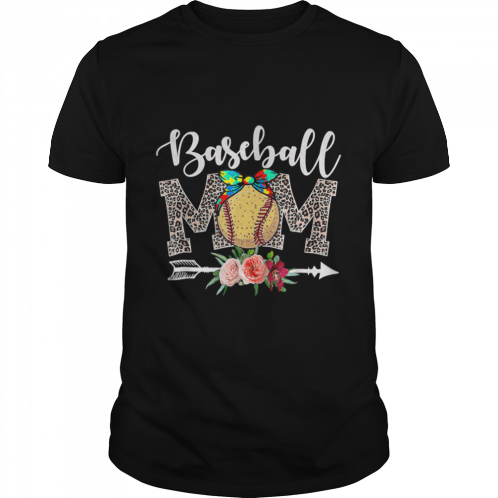 Baseball Mom Leopard Softball Mom Happy Mother'S Day Floral T-Shirt