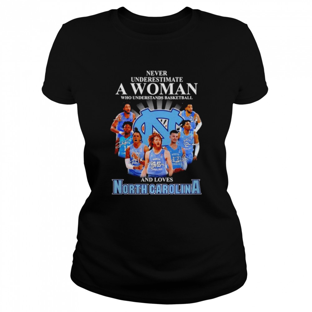 Never underestimate a woman who understands basketball and loves North Carolina Tar Heels signatures T-shirt Classic Women's T-shirt