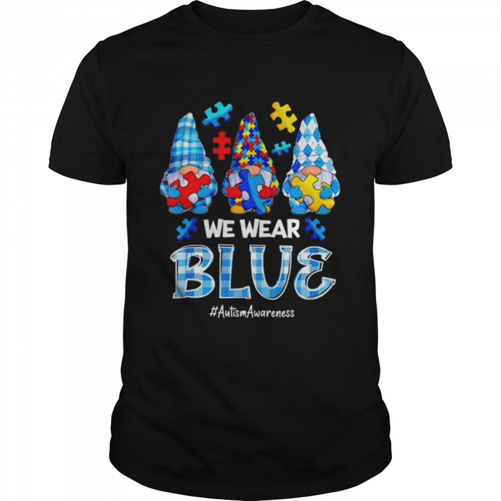 Three Gnomes Holding Blue Puzzle Gnome Autism Awareness T-Shirt