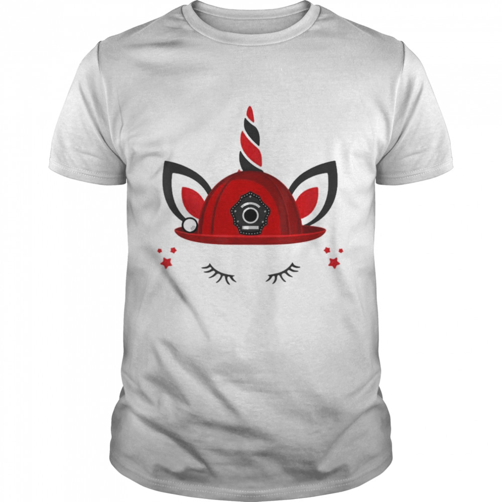 Firefighter Unicorn Face With Red Fireman Helmet Valentines Shirt