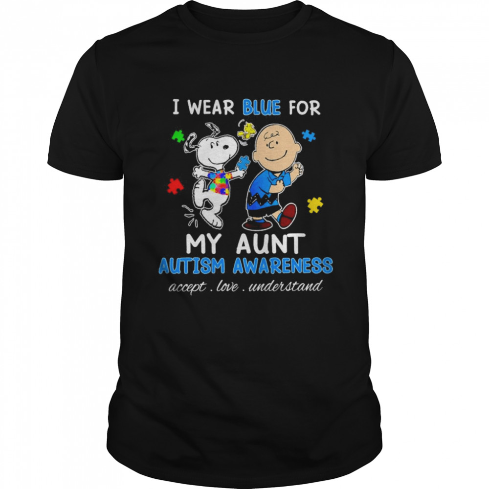 Snoopy Woodstock And Charlie Brown I Wear Blue For My Aunt Autism Awareness Accept Love Understand Shirt