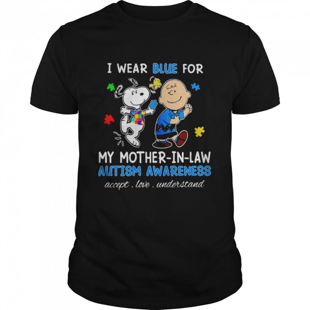 Snoopy Woodstock And Charlie Brown I Wear Blue For My Mother-In-Law Autism Awareness Accept Love Understand Shirt