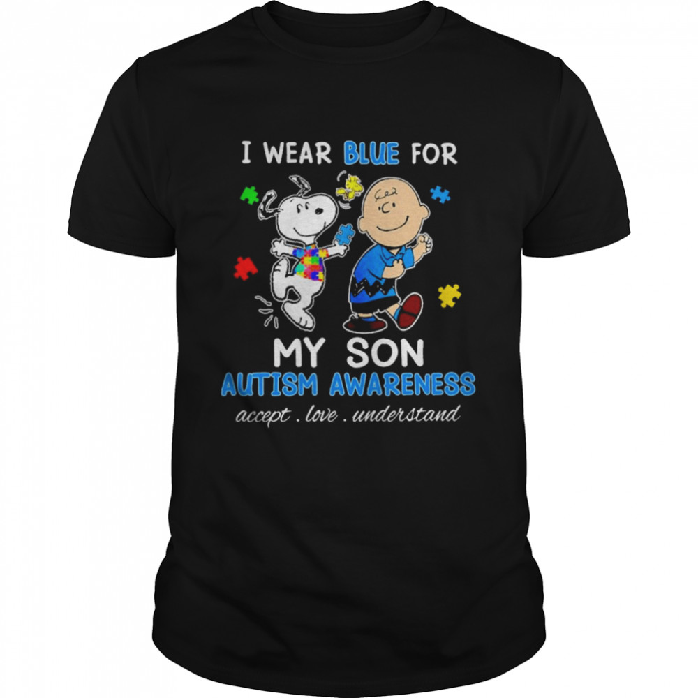 Snoopy Woodstock And Charlie Brown I Wear Blue For My Son Autism Awareness Accept Love Understand Shirt