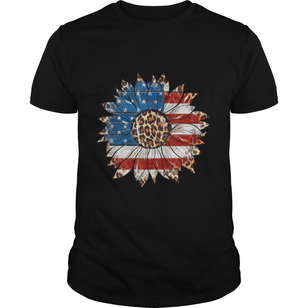 Leopard Sunflower American Flag Patriotic 4th Of July Women T-Shirt B09ZHFCVK5