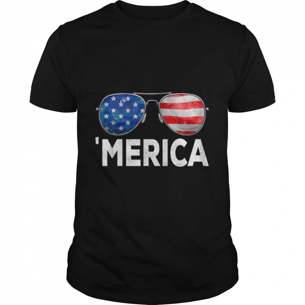 4th Of July Merica American Flag Sunglasses Boys Girls Kids T-Shirt B09ZNXJ75P