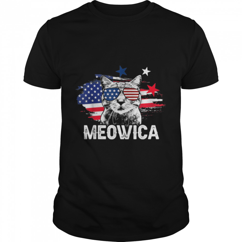 Funny Cat 4th of July Meowica Merica Men USA American Flag T-Shirt B09ZP5SQWQ