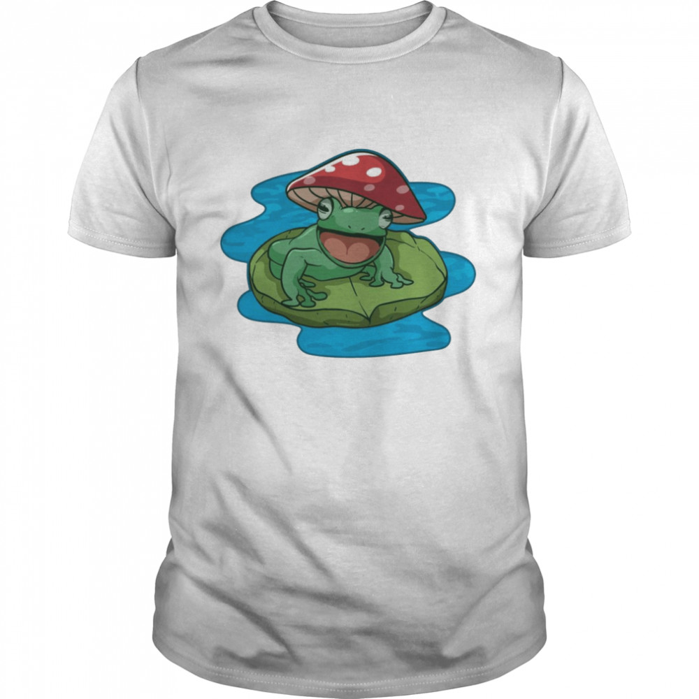 Happy Frog Sitting On A Water Lily Pad With Mushroom Hat Shirt