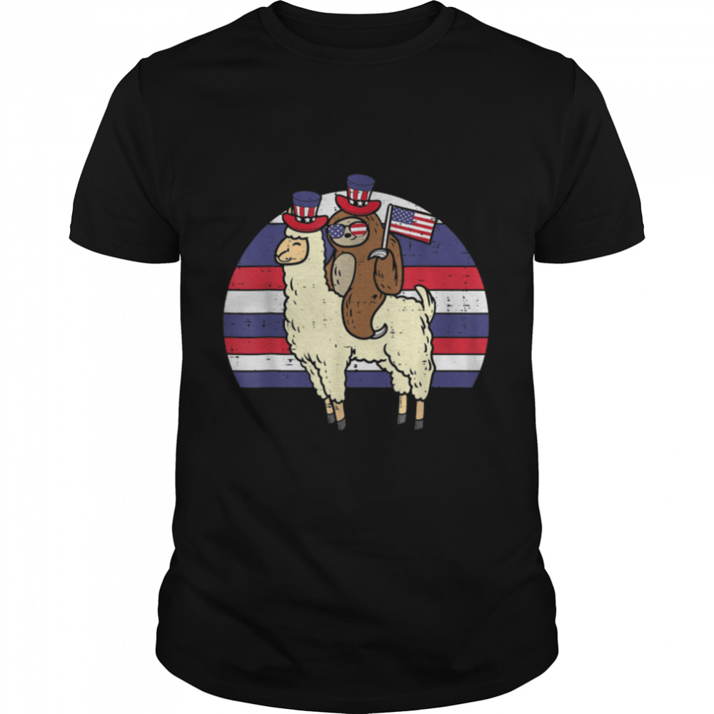 Llama Riding Sloth American Flag USA Cute 4th Of July Fourth T-Shirt B09ZNZC967