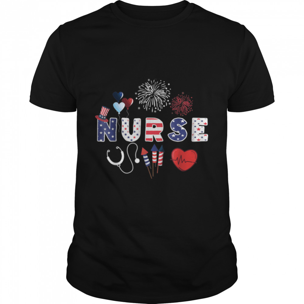 Pride Nurse USA Flag Stethoscope Patriotic Nurse 4th Of July T-Shirt B09ZP631ZL