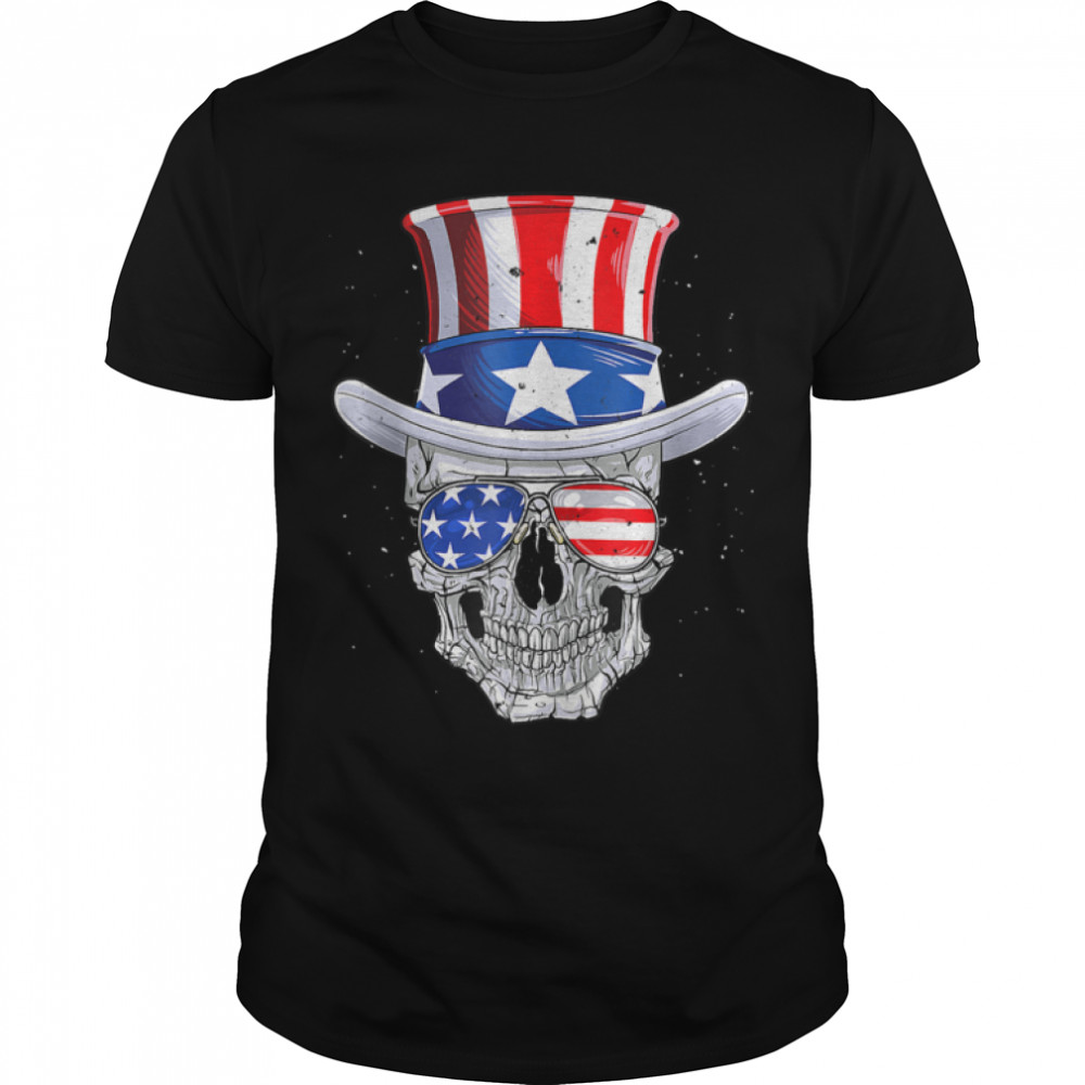 Skull 4Th Of July Uncle Sam Men Usa American Flag Sunglasses T-Shirt B09Znqs6Lg