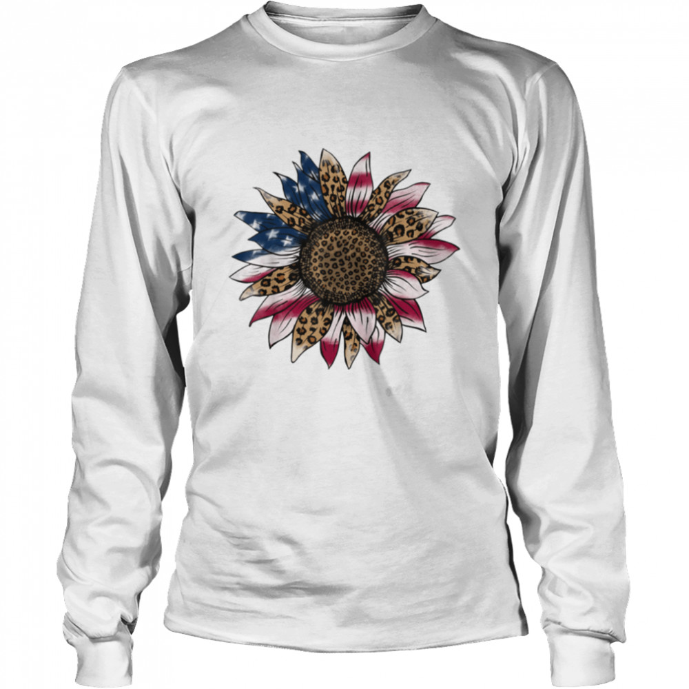American Flag Sunflower Graphic Happy 4th of July Leopard T- B0B19VXRZ5 Long Sleeved T-shirt