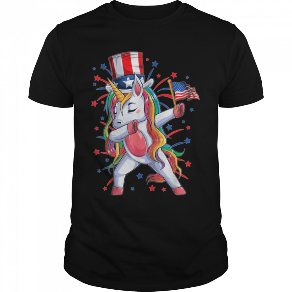 Dabbing Unicorn 4th of July Girls Kids Women American Flag T-Shirt B0B19T61HW
