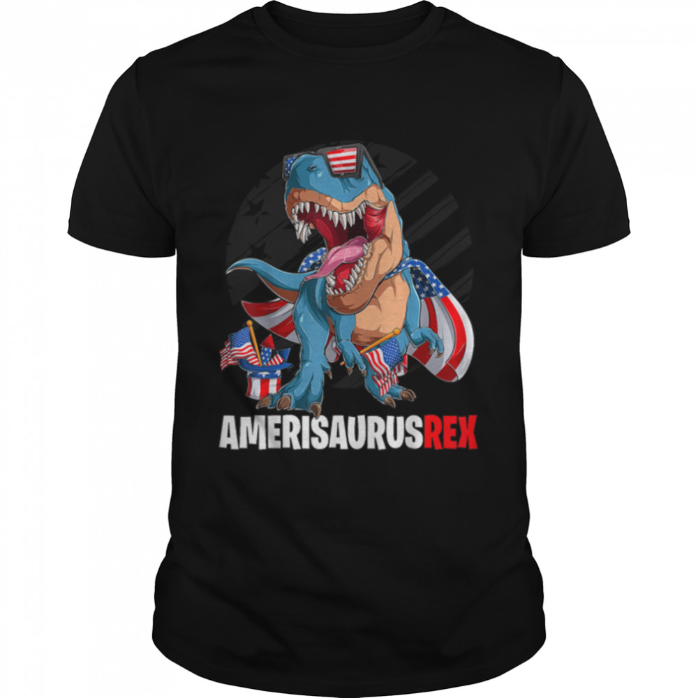 Dinosaur 4th of July Amerisaurus T Rex American Flag T-Shirt B0B19NLPKC