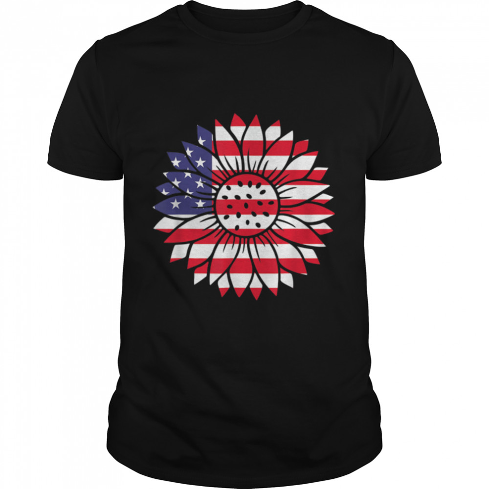 Sunflower American Flag Florist Theme Celebrate 4th of July T-Shirt B0B19XG594