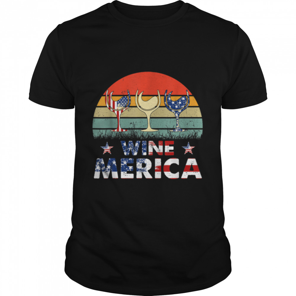 Wine Merica Vintage Usa American Flag 4th of July Patriotic T-Shirt B0B19TFMPY