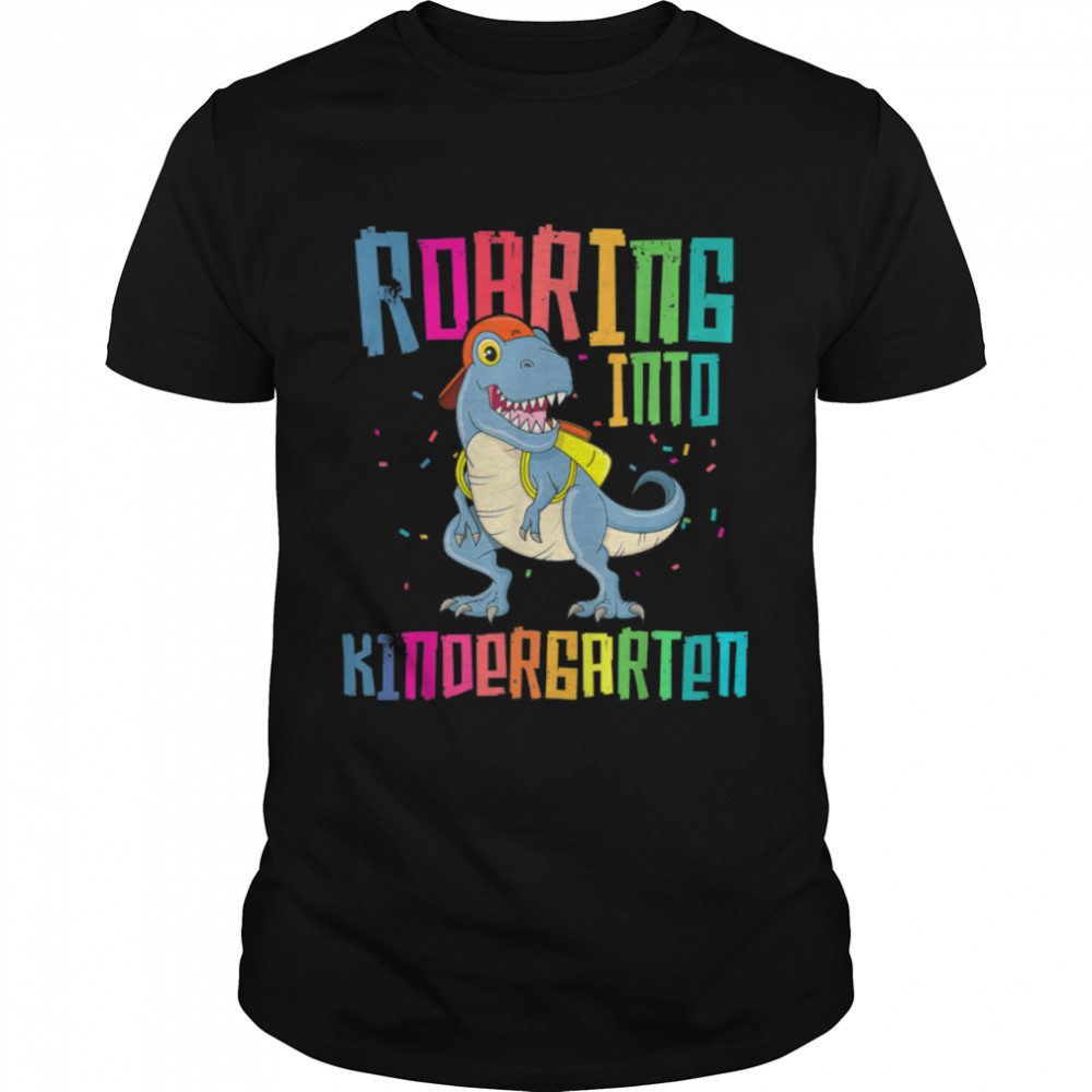 Roaring Into Kindergarten T Rex Back to School Boy Dinosaur T-Shirt B0B1D3BM3H