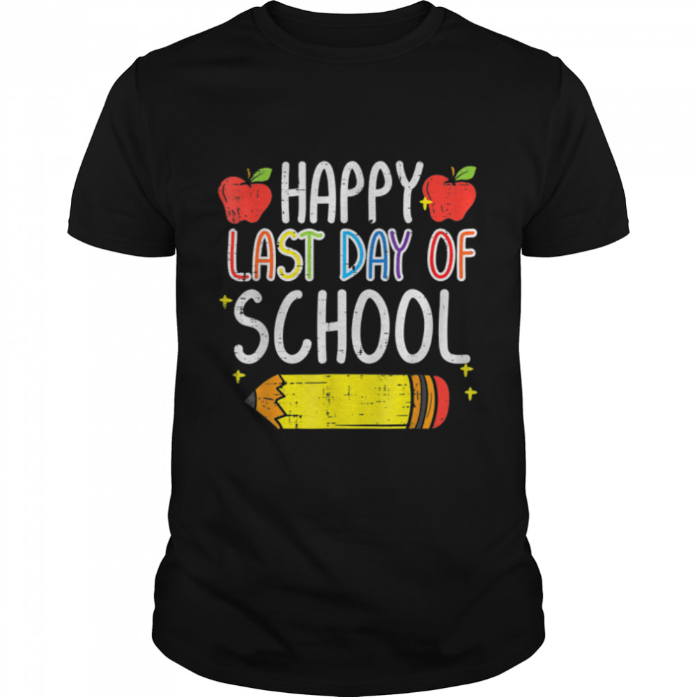 Vintage Happy Last Day Of School Apple Pencil Cute Teacher T-Shirt B0B1Dbvj7G