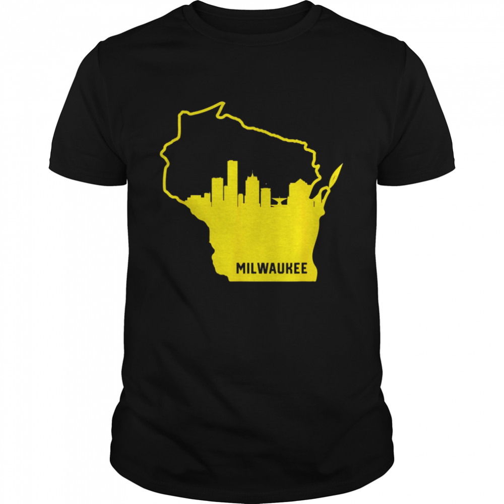 Cool Yellow Wisconsin State Outline Milwaukee City Skyline Shirt
