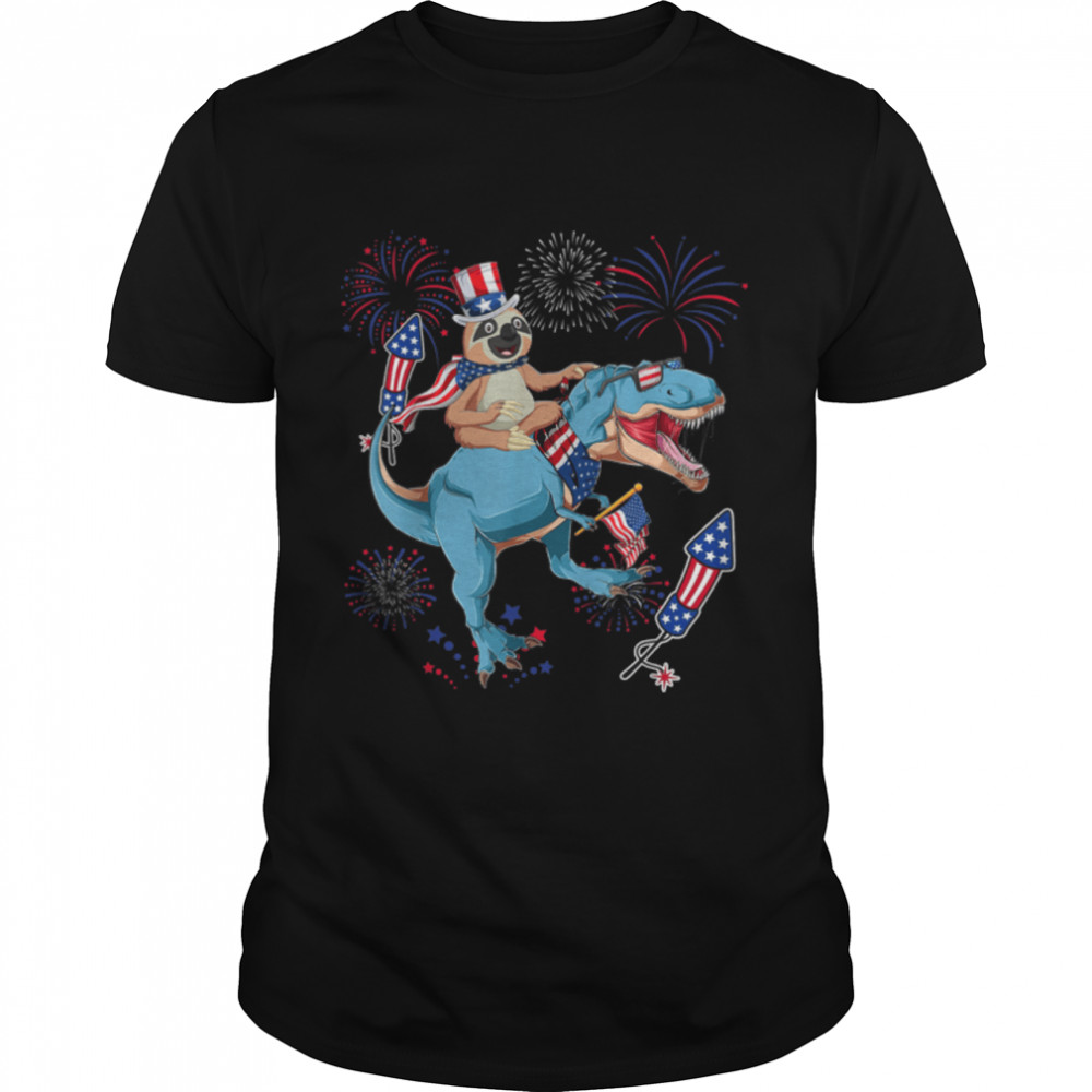 Sloth Ridding T-Rex American Flag Fireworks Lover 4Th July T-Shirt B0B2Jrpmr1