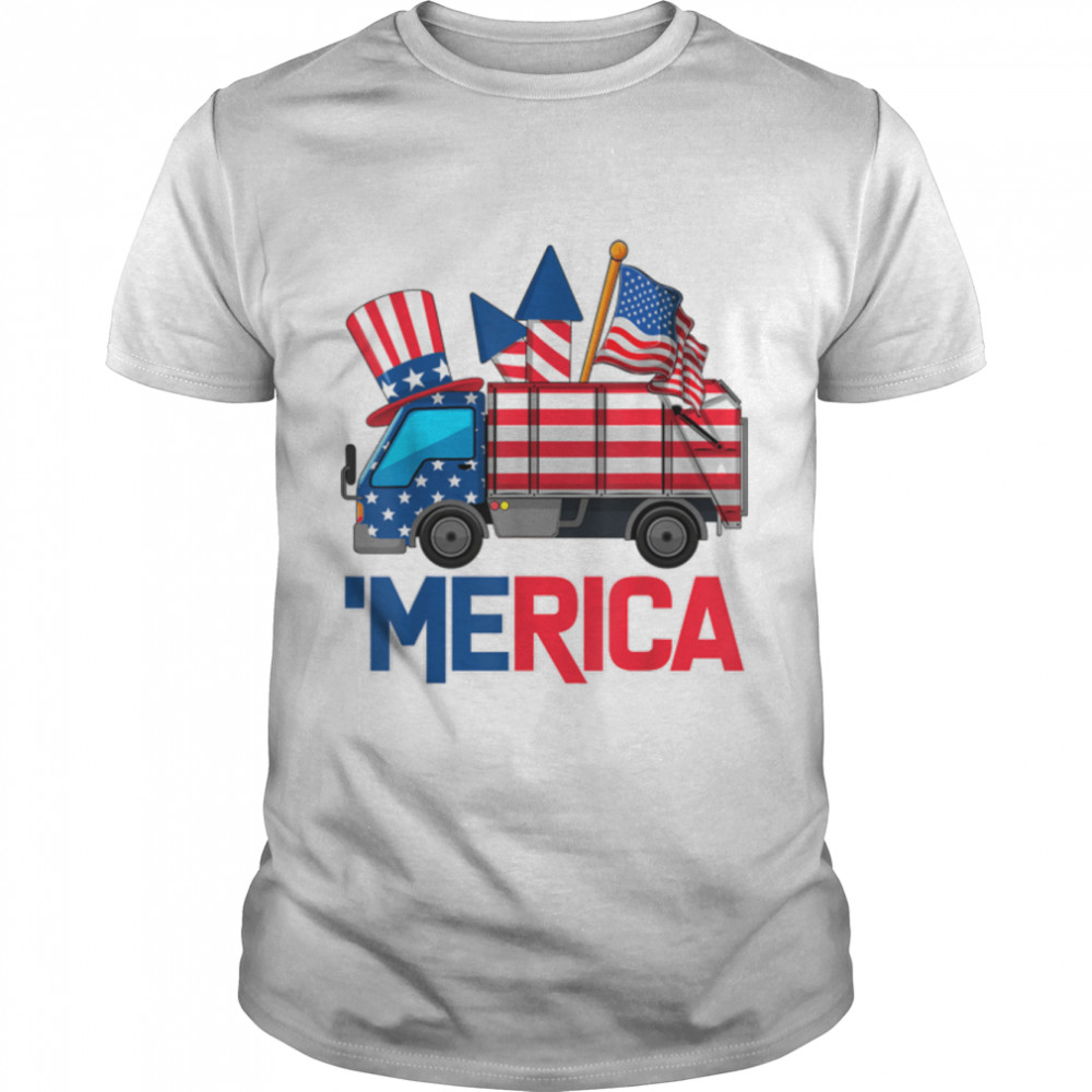 Funny Garbage Truck & Fireworks USA Flag Patriotic July 4th T-Shirt B0B2QX6CW2