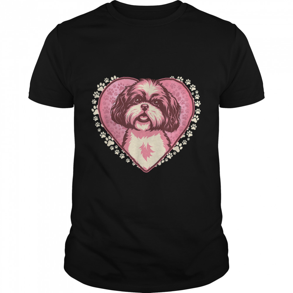 Vintage Shih Tzu Dog Gift Lovely Puppy Doggy In Heart Paws T-Shirt