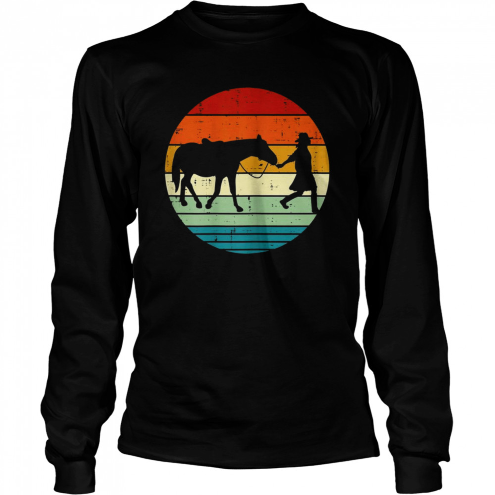 horse and girl silhouette sunset retro cowgirl equestrian long sleeved t shirt