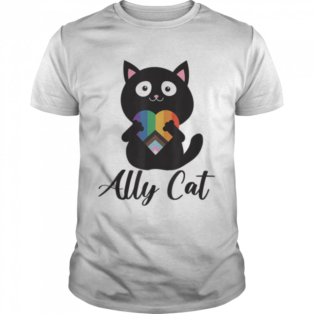 Rainbow Ally Cat LGBT Gay Pride Flag Heart T-Shirt B0B3182NJF